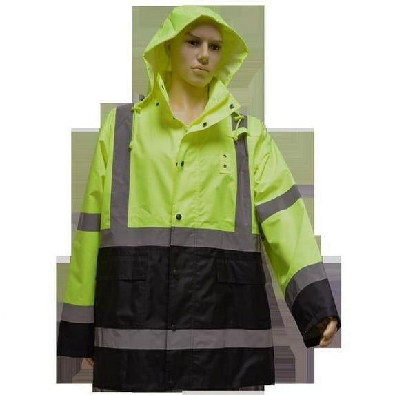 Petra Roc LBRJK-C3-XL Rain Parka Jacket ANSI-ISEA Class 3 Waterproof, Two Tone Lime & Black with Detachable Hood Storm Flap & Zipper & Snap Closure No Lining, Extra Large