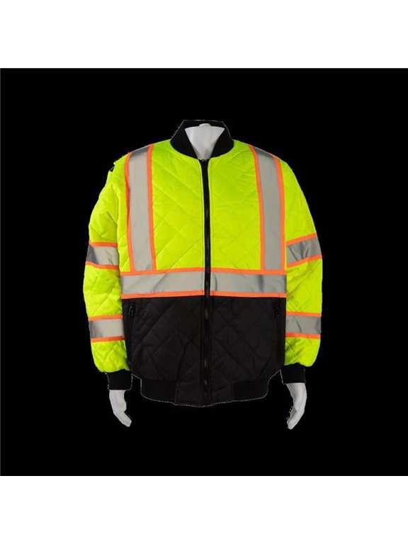 LOCQBJ-C3-M Two Tone Ultra Light Warm Down Safety Jacket with Black Bottom & Quilted Lining - Ansi Class 3 Type R, Zipper Closure, 3 Pockets - Lime & Orange - Medium