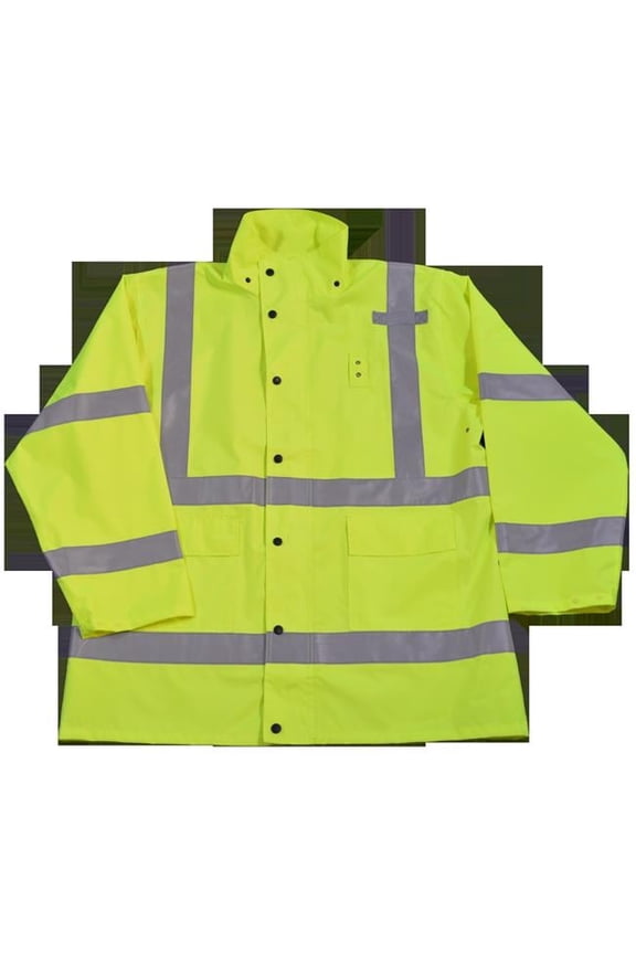 LRJK-C3-M Rain Parka Jacket Waterproof Ansi-Isea Class Iii Lime No Lining with Detachable Hood Storm Flap with Zipper & Snap Closure, Medium