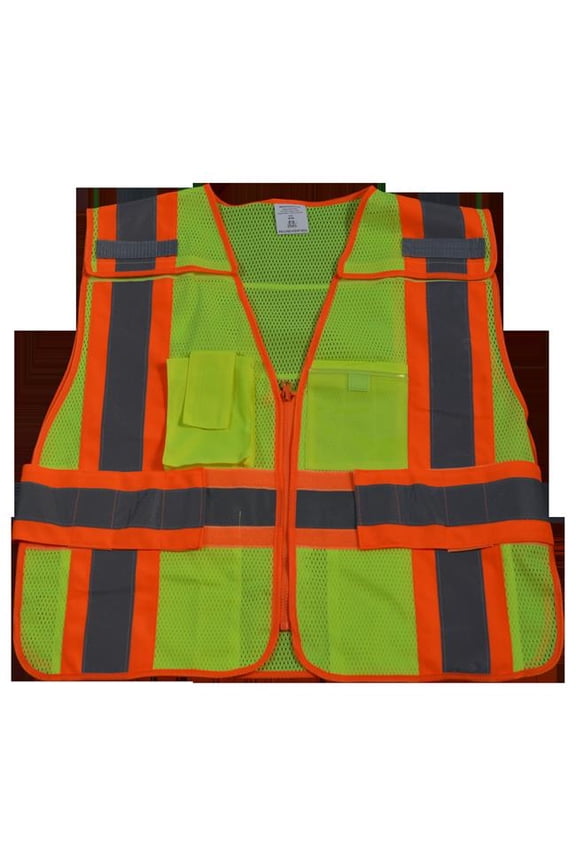 LVM2-PSVP-PLUS Public Safety Vest 207-2006 Lime Mesh with Orange Binding 5-Point Breakaway 5 Pockets Clear Pvc Pocket On Back, Plus 2X & 5X