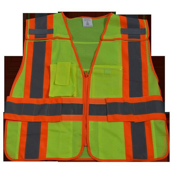 Petra Roc  Public Safety Vest 207-2006 Lime Mesh with Orange Binding 5-Point & 5 Pockets Clear Pvc Pocket On Back, Super 6X & 8X