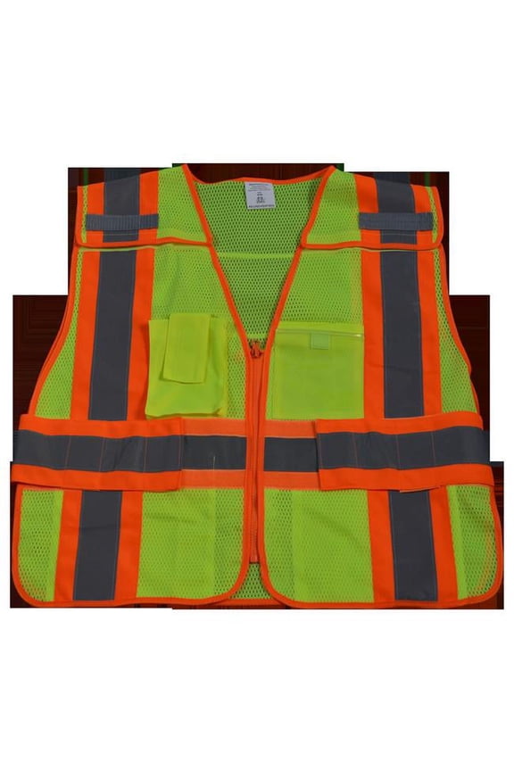Public Safety Vest 207-2006 Lime Mesh with Orange Binding 5-Point & 5 Pockets Clear Pvc Pocket On Back, Super 6X & 8X
