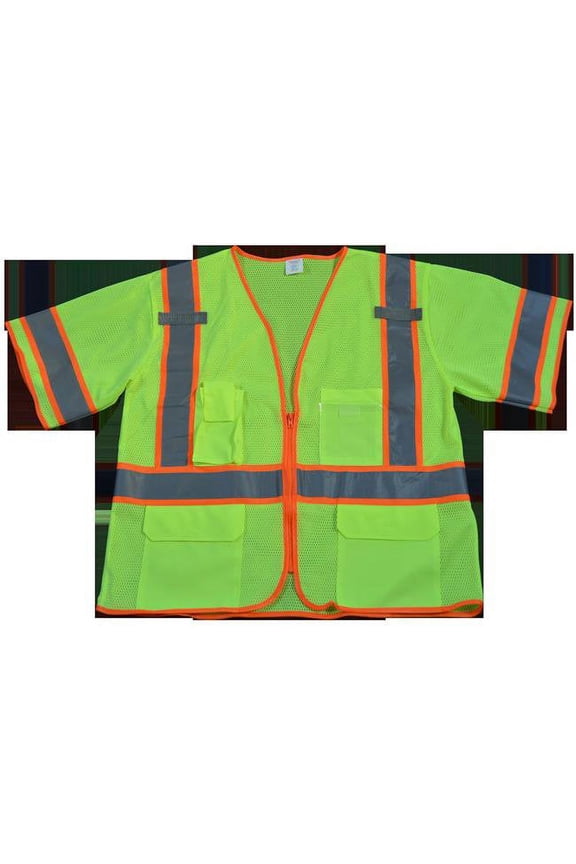 LVM3-CB1-S-M Safety Vest Ansi Class 3 Lime Mesh Deluxe with Orange Contrast Binding Zipper Closure 5 Pockets & 2 Mic Tab, Small & Medium