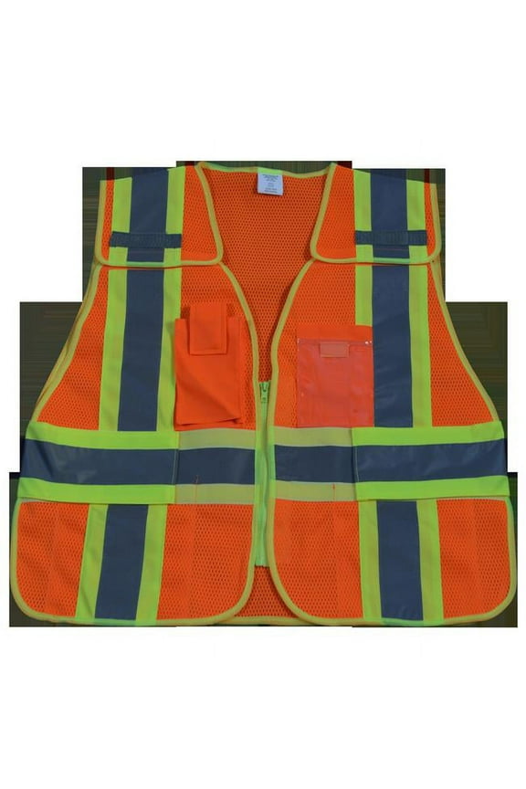 OVM2-PSV-PLUS Public Safety Vest 207-2006 107-2010 Class 2 Orange Mesh with Lime Binding 5-Point Breakaway 5 Pockets, Plus 2X & 5X