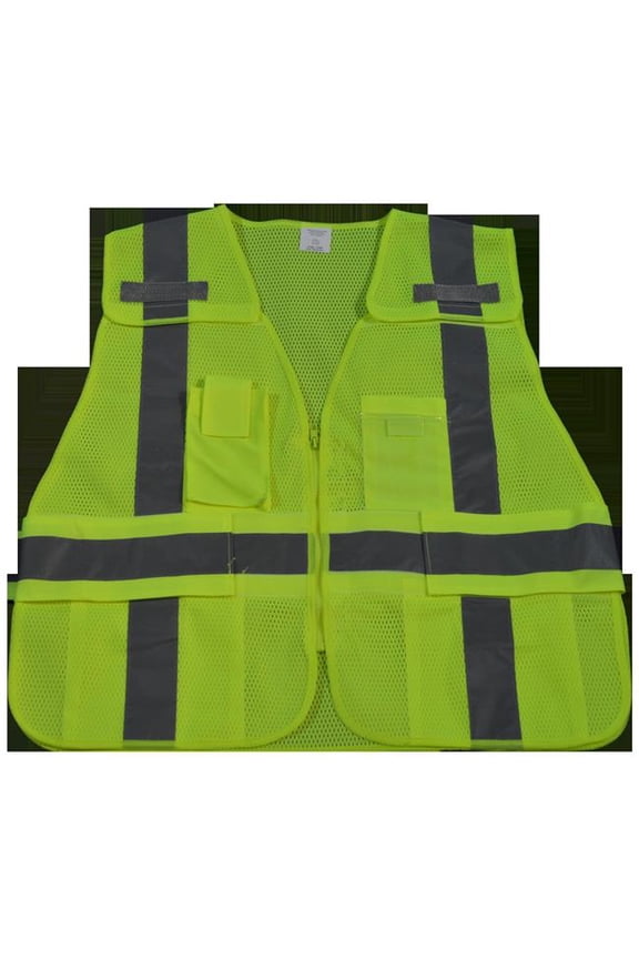 Public Safety Vest 207-2006 Lime Mesh 5-Point Breakaway with Non-Cloth Hook & Eye Breakaway Zipper & Expandable Side Closures 5 Pockets, Regular Small & Extra Large