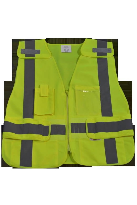 Public Safety Vest 207-2006 Lime Solid Breakaway with Non-Cloth Hook & Eye Breakaway Zipper 5 Pockets, 2X & 5X