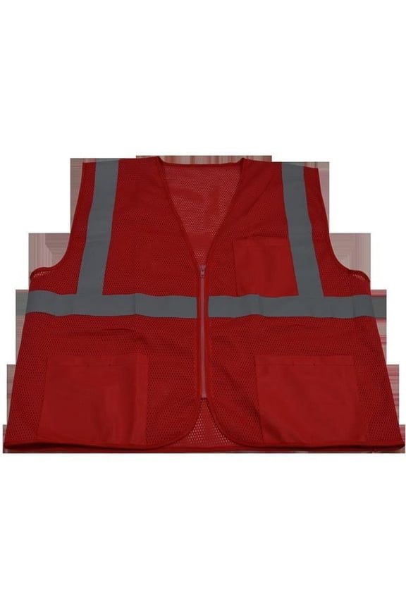 RVM-S1-L-XL 2 in. Red Mesh Vest Reflective Tape 3 Pockets Zipper Front, Large & Extra Large