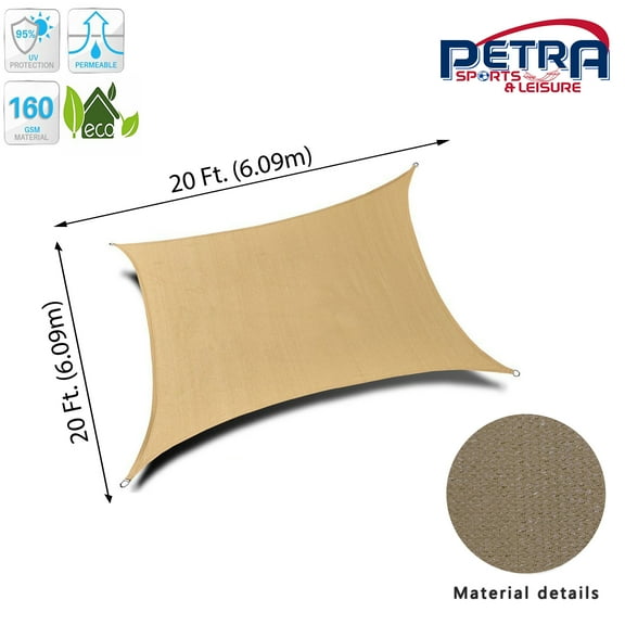 Petra's 20 Ft. X 20 Ft. Square Desert Sand Sun Sail Shade. Durable Woven Outdoor Patio Fabric w/ Up To 90% UV Protection. 20x20 Foot