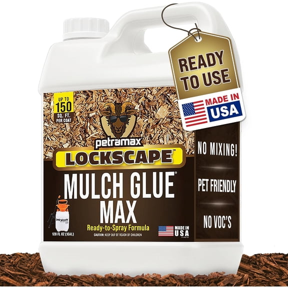 PetraMax Lockscape Mulch Glue for Landscaping, 1 Gallon (Made in USA) - Ready to Spray Pea Gravel Binder & Landscape Adhesive for Pine Straw & Wood Chips - Pet-Safe Mulch & Rock Glue for Landscaping