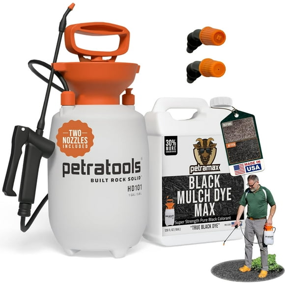PetraTools Black Mulch Dye with Sprayer Landscaping Bundle - 1 Gallon Black Mulch Paint - Superior Coverage, Long-Lasting Color - Mulch Spray or Pine Straw, Yard Dye with HD101 Pump Garden Sprayer