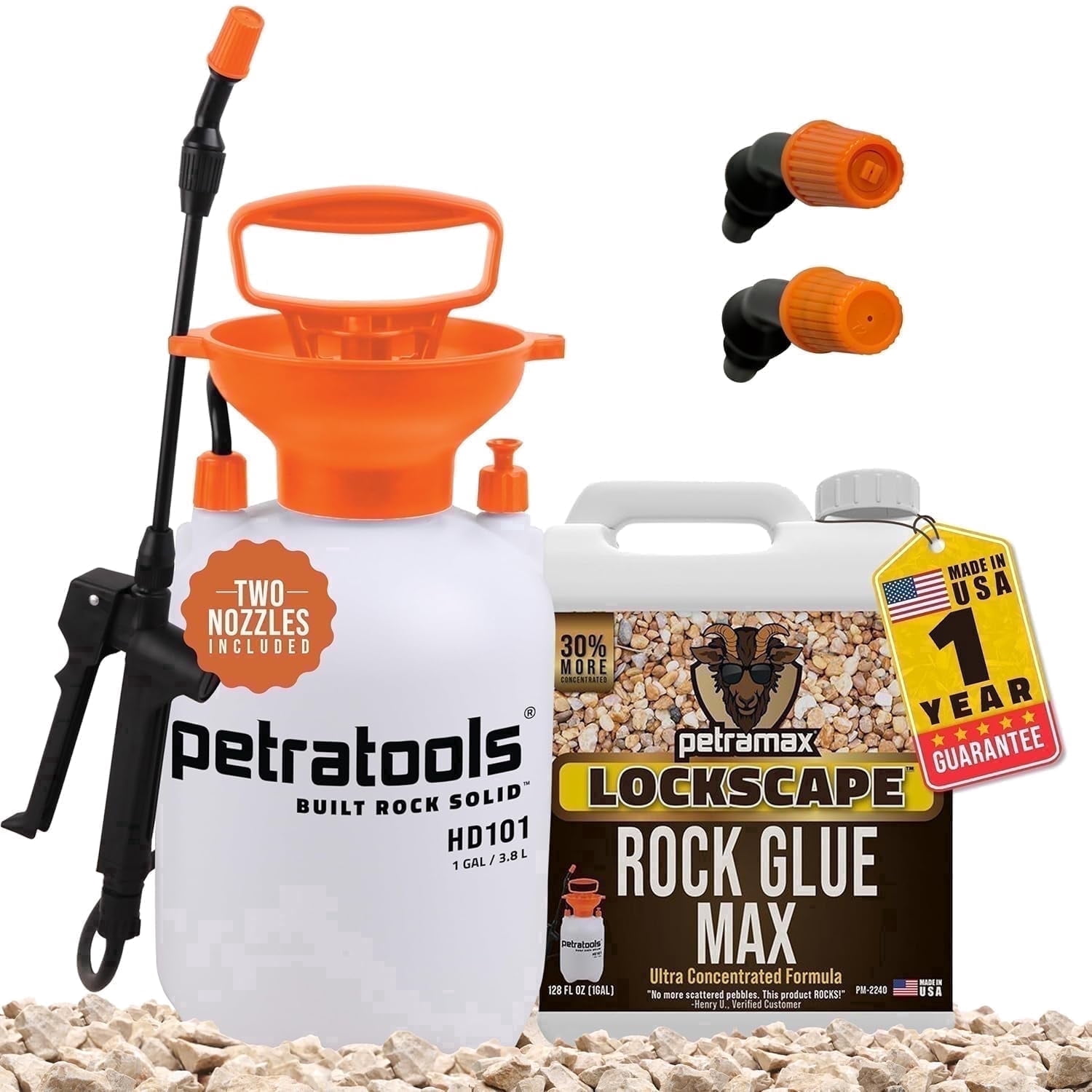 PetraMax Rock Glue for Landscaping and Pebbles with 1-Gallon HD101 Pump Sprayer Bundle