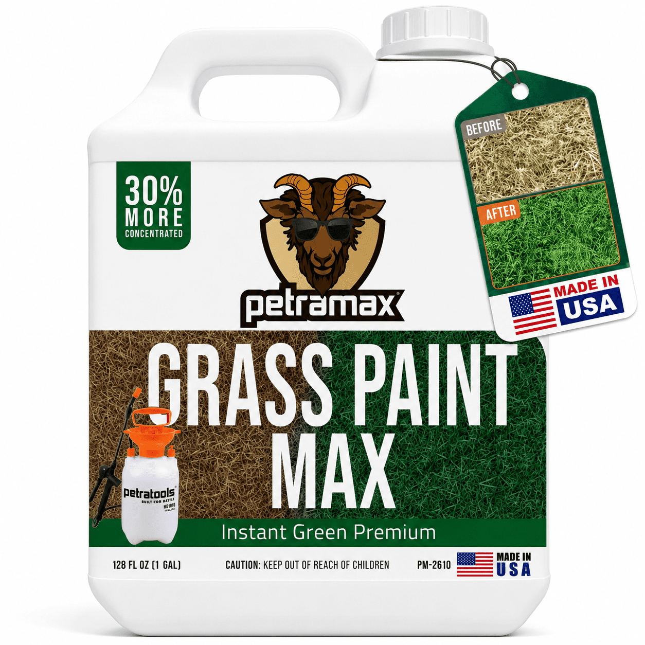 PetraMax Green Grass Paint and Non-toxic Plant Sprayer for Shrubs & Grass, Instant Green Premium, 1 Gallon