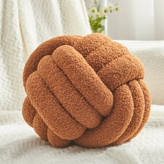 Petrella Knot Pillow Ball Round Throw Pillows Home Decor Cushion Decorative Throw Pillows Lambswool Caramel 11 Inch