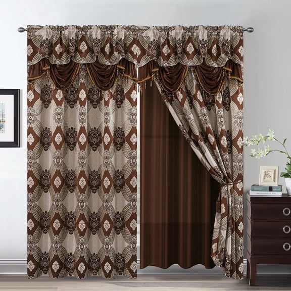 Petrichor Elegant Curtains with Gold Silver Threads 2 Panels Set - Luxury Window Treatment Attached Valance, Sheer Backing, and 2 Tie Backs for Bedroom and Living Room, 54x84 inches,Coffee