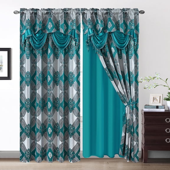Petrichor Elegant Curtains with Gold Silver Threads 2 Panels Set - Luxury Window Treatment Attached Valance, Sheer Backing, and 2 Tie Backs for Bedroom and Living Room, 54x95 inches, Teal