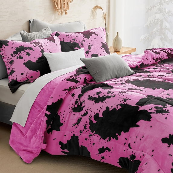 Petrichor Velvet Flannel King Comforter Set-Cow Print Western Style Blanket,Luxury Fuzzy Heavy Bedding Set, 3 Pieces Plush Winter Bed Set with Comforter (90"x104") & 2 Pillow Shams (20"x36"