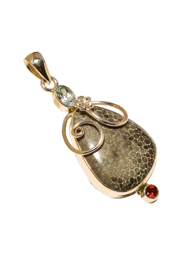 Petrified Dinosaur Jasper & Garnet & Blue Topaz 925 Silver Pendant Size 2.30"Natural Pendant, Black Pendant, 925 Silver Pendant, Jasper Pendant, Trian