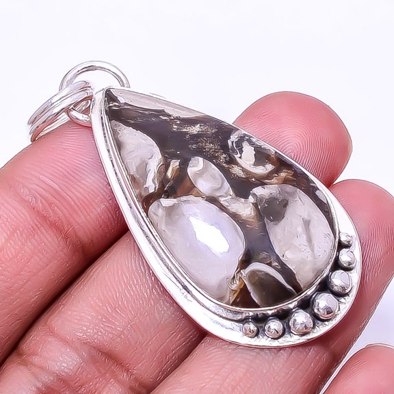 Petrified Peanut Wood Jasper 925 Sterling Silver Pendant 2.15" P61, Christmas