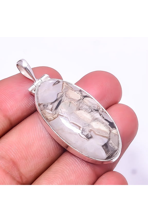 Petrified Peanut Wood Jasper -Australia 925 Silver Plated Pendant 1.95", Brown Peanut Wood Jasper Pendant P_8051_324_43