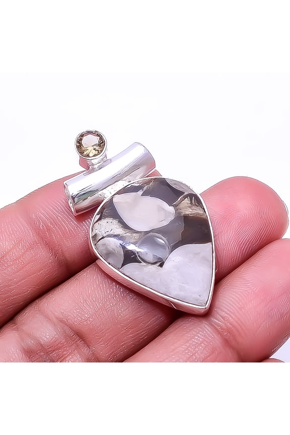 Petrified Peanut Wood Jasper -Australia & Smokey 925 Silver Plated Pendant 1.48", Brown & Gray Peanut Wood Jasper Pendant P_8005_326_26
