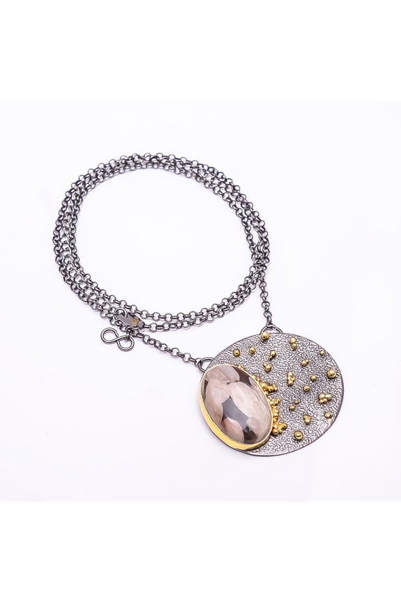Petrified Peanut Wood Jasper Black & Gold Rhodium 925 Sterling Silver Necklace 19.99" N54, Beautiful Jewelry For Woma, New Year Sale, Valentin's Day G