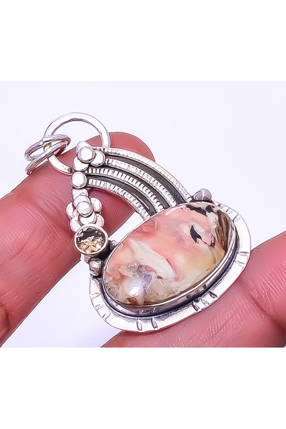 Petrified Peanut Wood Jasper & Smoky Quartz 925 Sterling Silver Pendant 1.76" T0, Beautiful Jewelry For Woman, New Year Sale, Valentin's Day Gift