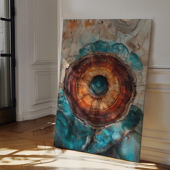 Petrified Wood Art Print - Geode Tree Ring Art - Earthy Blue & Amber Abstract - Fossilized Wall Decor Art
