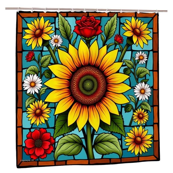Petrochemical Polyester Sunflower Stained Glass Pattern Shower Curtain for Spring Summer Home Bathroom Bath Tub Decor 72x72 inch