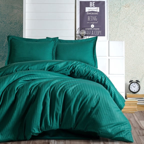 Petrol Green Satin Duvet Cover Set, 100% High Quality Turkish Cotton Queen Size Set, 1 Duvet Cover, 1 Fitted Sheet and 2 Pillowcases, Hypoallergenic, Breathable, Satin Bedding Set, Machine Washable