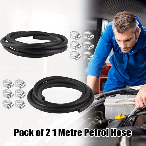 Petrol Hose 6 mm, Pack of 2 1 Metre Petrol Hose, 6 mm Inner Diameter, Fuel Hose with 12 Hose Clamps, Diesel Hose for Lawnmower, Car, Tractor, Small Engines  