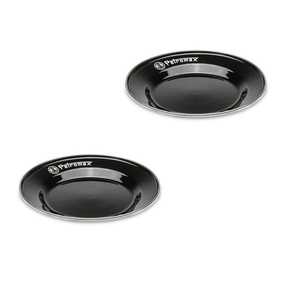 Petromax Enamelware Dinnerware Plates, Traditional Lightweight Enameled Steel Tableware for Kitchen and Camping, 2 Pack for Hot or Cold Food, 7 inch, Black