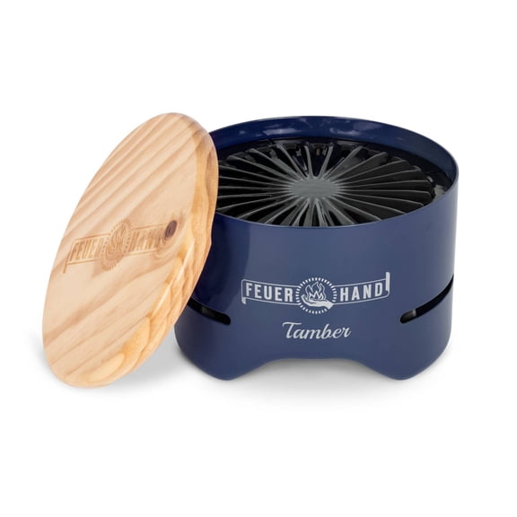 Petromax Feuerhand Tamber Tabletop Charcoal Grill, Powder-Coated Steel for Outdoor Use, Wood Lid, 7.9 inch diameter, Cobalt Blue