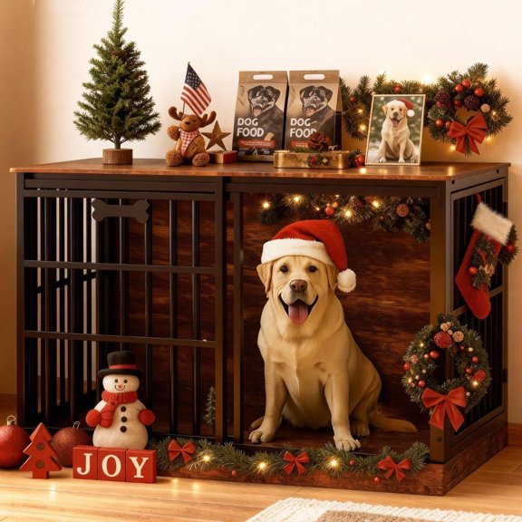 Petrova XXL Dog Crate Furniture for Large Dogs, Indoor Wooden Dog Kennel with Sliding Barn Door, Name Tag, Hideen Corner Dog Crate with 3 Doors, Escape-Proof Heavy Duty Dog Cage for Anxious Pets