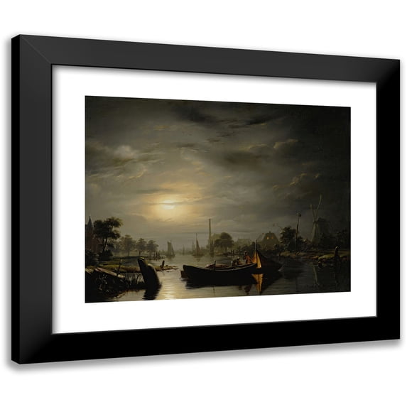 Petrus van Schendel 14x12 Black Modern Framed Museum Art Print Titled - A River Landscape in Silver Moonlight (1846)