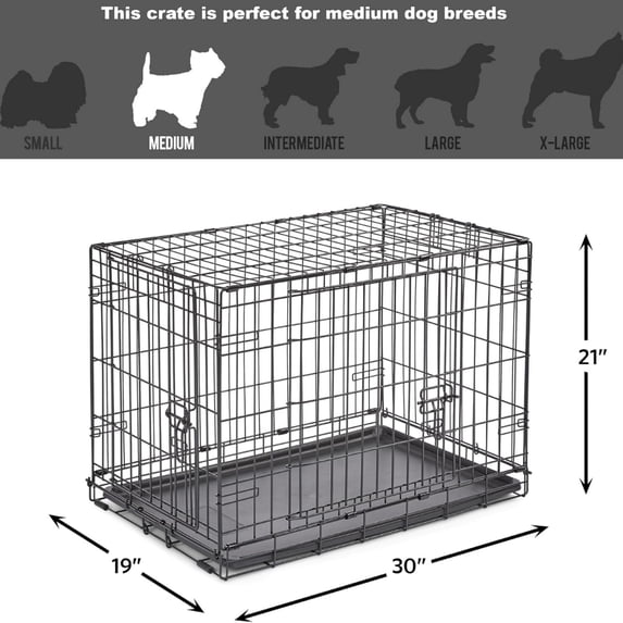 Pets 30-Inch New World Crate for Medium Breeds, 21-40 lbs, Double Door Folding Dog Crate, Leak-Proof Tray & Secure Latches, Portable, Durable & Easy to Assemble