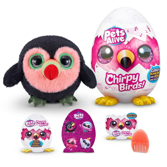 Pets Alive Chirpy Birds (Toucan) by ZURU, Electronic Pet That Speaks, Giant Surprise Egg, Stickers, Comb, Fluffy Clay, Bird Animal Plush for Girls