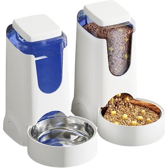 Pets Automatic Gravity Feeder Dogs 2.8L Food & 4L Water Dispenser Set with Stainless Steel Bowl for Medium Big Dog Cat (White)