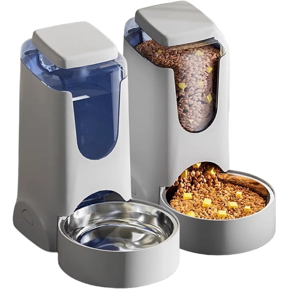 Pets Automatic Gravity Feeder Dogs 2.8L Food & 4L Water Dispenser Set with Stainless Steel Bowl for Small Medium Big Puppy Kitten(Light Gray)