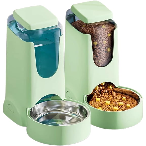 Pets Automatic Gravity Feeder Dogs 2.8L Food & 4L Water Dispenser Set with Stainless Steel Bowl for Small Medium Big Puppy Kitten(Light Green)