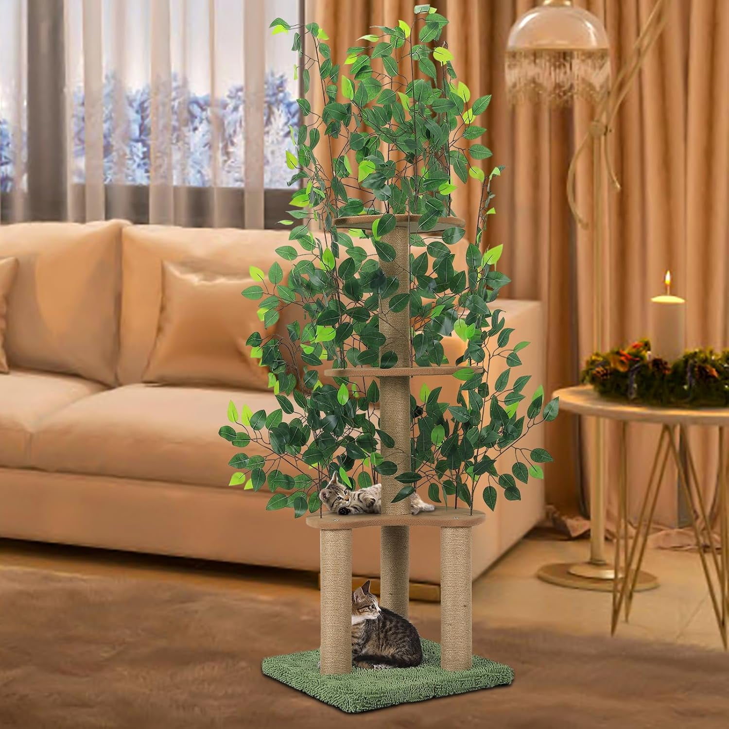 Pets Cat Tree with Lifelike Green Leaves, Cat Inhabit Trees & Cat House ...