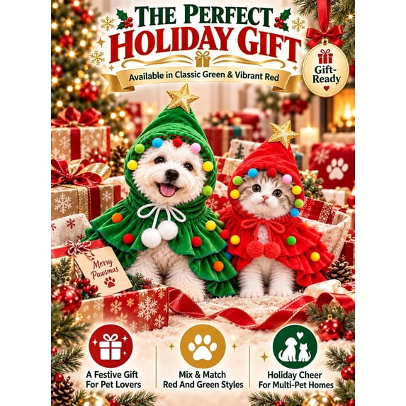 Pets Christmas Outfit, Christmas Tree Cape Costume for Pets, Christmas Dog/Cat Clothes, Soft Fabric with Star Accent Adjustable for Holiday Photos Family Gatherings Parties Seasonal Gifting