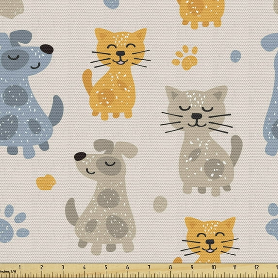 Ambesonne Pets Fabric by the Yard Upholstery, Kittens Puppies Friends, 1 Yard, Pale Eggshell Multicolor