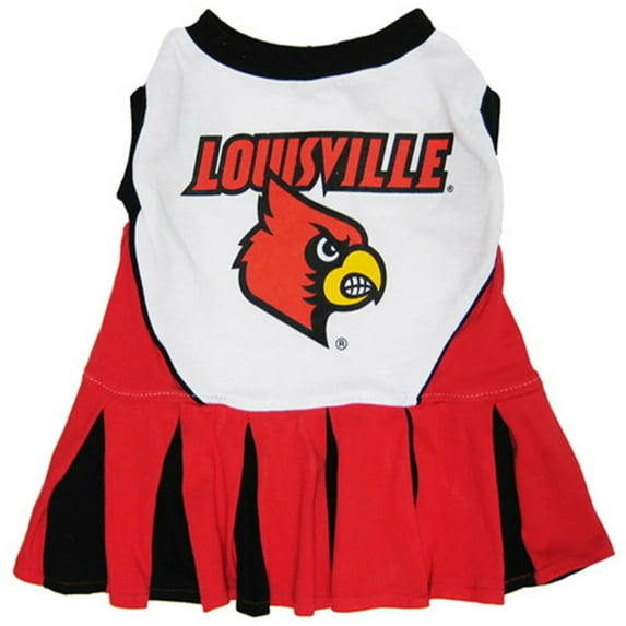 Pets First College Louisville Cardinals Cheerleader, 3 Sizes Pet Dress Available. Licensed Dog Outfit