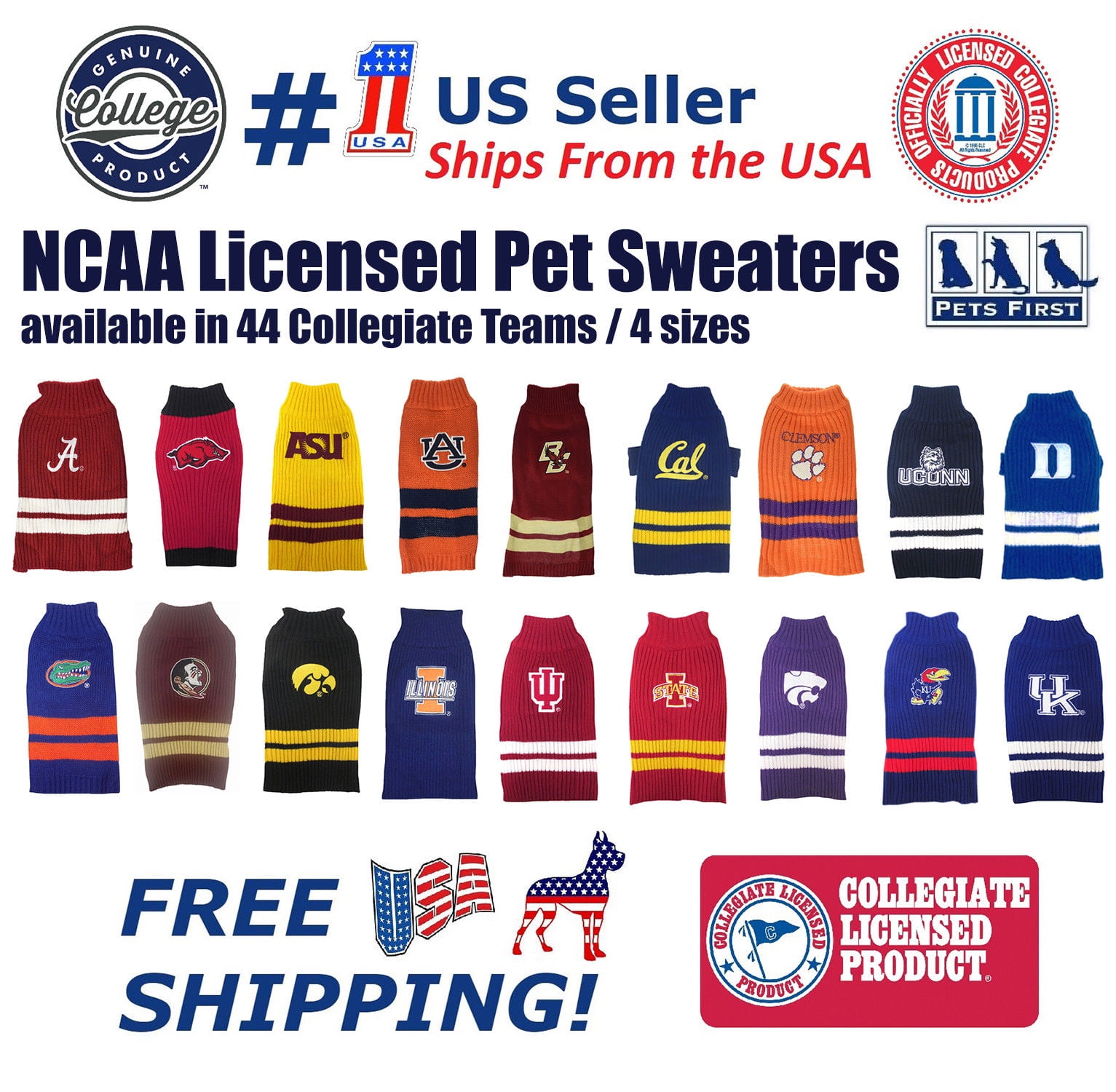 Pets First Collegiate Kansas State Wildcats Pet Dog Sweater - Licensed 100% Warm Acrylic knitted. 44 College Teams, 4 sizes