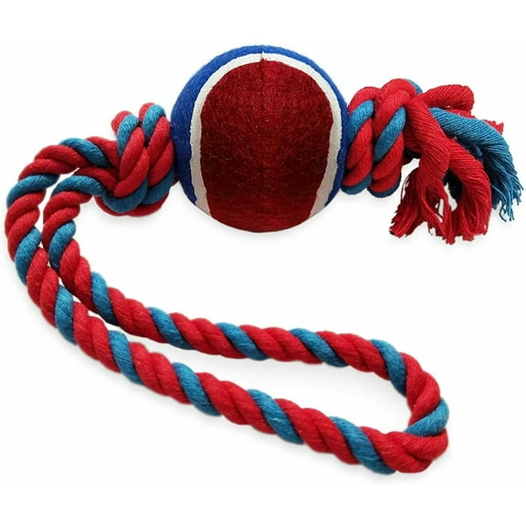 Pets First Knotted Rope Toy with Tennis Ball for Dogs, Hours of Play, Approved by Dogs, Red