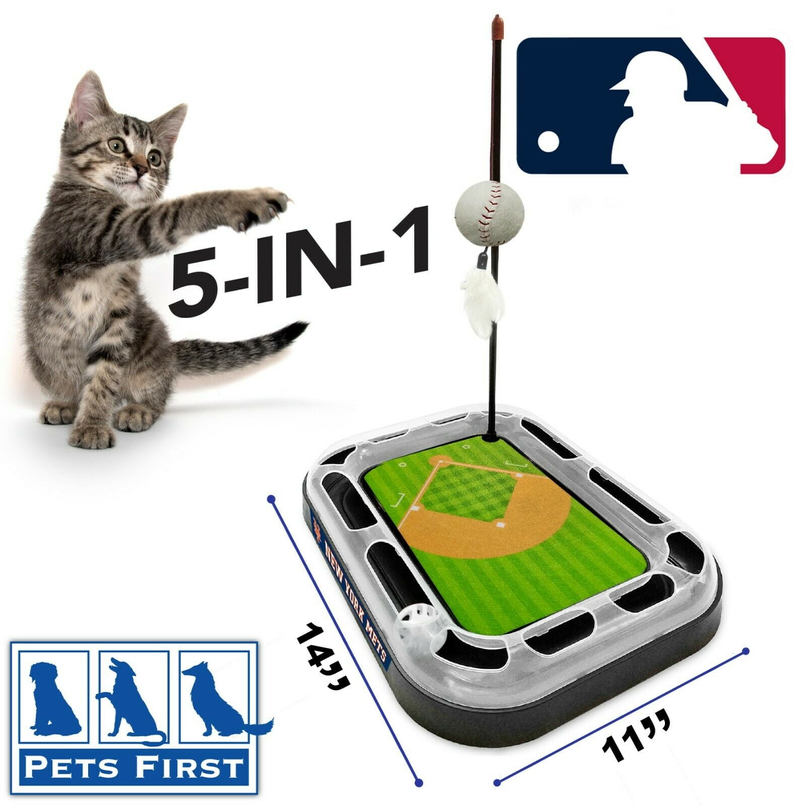 MLB New York Mets CAT Scratcher Mat Toy with Catnip Plush & Feather Cat Toy 5-in-1 Kitty Toy