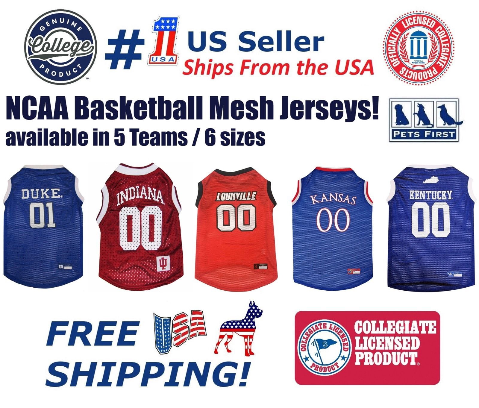 Pets First NCAA Kansas Jayhawks Basketball Mesh Jersey - Licensed, Brand NEW, 5 Collegiate Teams in 6 sizes