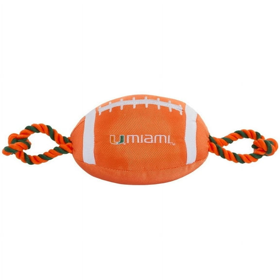 Pets First NCAA Miami Hurricanes Strong, Durable, Chewable Football Dog Toy with Inner Squeaker and Side Ropes, Officialy Licensed