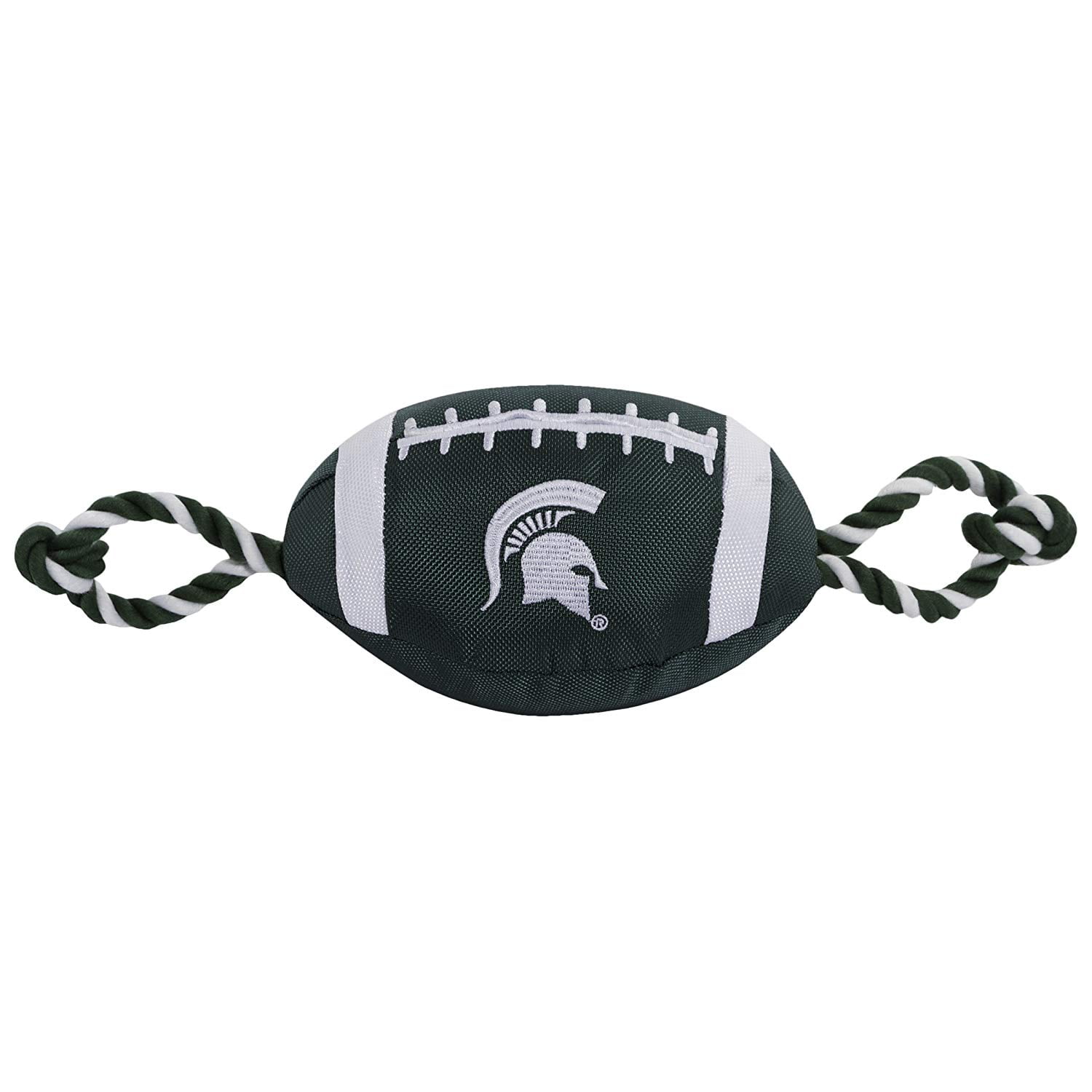 Pets First NCAA Michigan State Spartans Strong, Durable, Chewable Football Dog Toy with Inner Squeaker and Side Ropes, Officialy Licensed