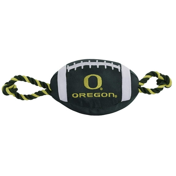 Pets First NCAA Oregon Ducks Strong, Durable, Chewable Football Dog Toy with Inner Squeaker and Side Ropes, Officialy Licensed